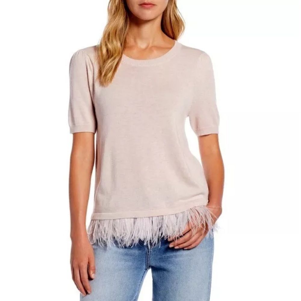 Halogen Womens Short Sleeve Ostrich Feather Fringe Hem Sweater - Size Small